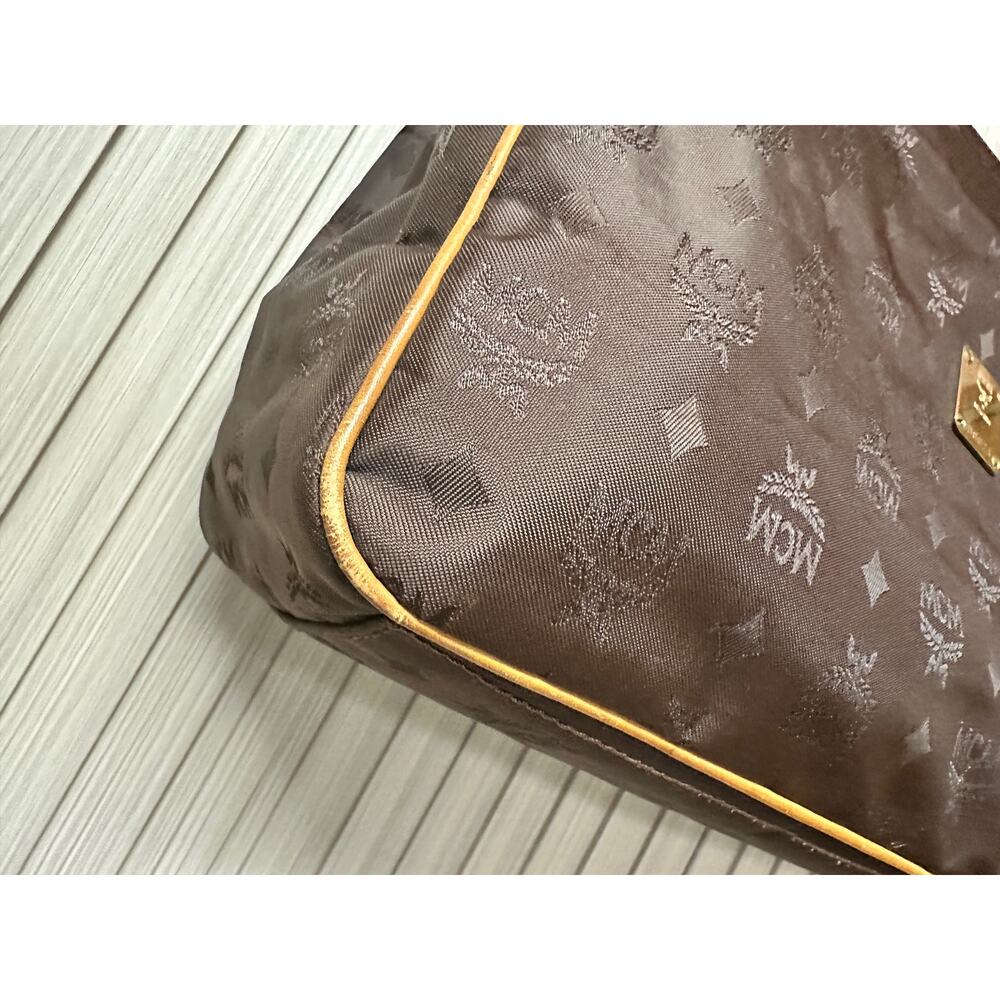 MCM Visetos Nylon Leather Logo Shoulder Tote Bag Brown Large Chain Straps - Picture 6 of 16
